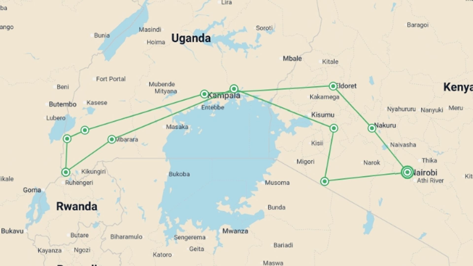 A map showing the tour itinerary for the trip: Gorillas & Game Parks, starting in Nairobi, Kenya and ending in Nairobi, Kenya going through 10 other destinations.
