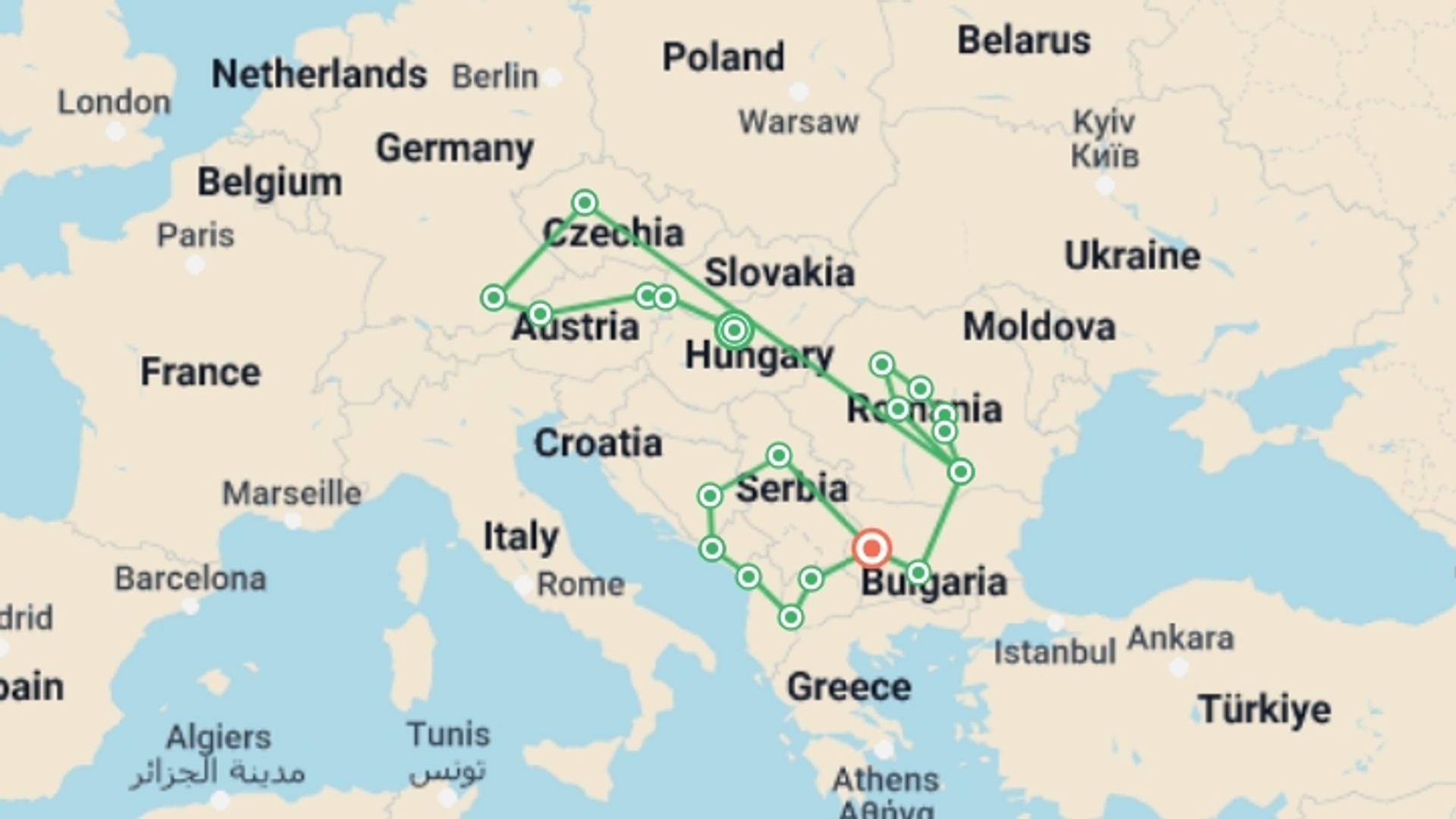 A map showing the tour itinerary for the trip: Great European Tour (4 Star Hotels), starting in Budapest, Hungary and ending in Sofia, Bulgaria going through 13 other destinations.