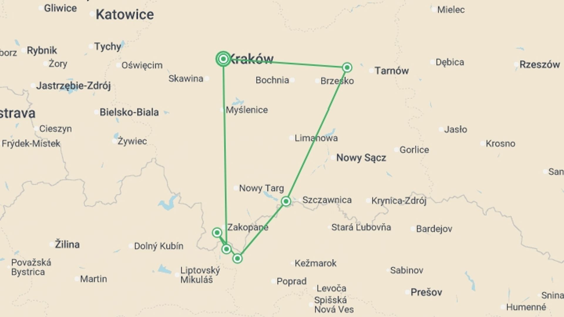 A map showing the tour itinerary for the trip: Hiking in the Polish Carpathians, starting in Krakow, Poland and ending in Krakow, Poland going through 5 other destinations.