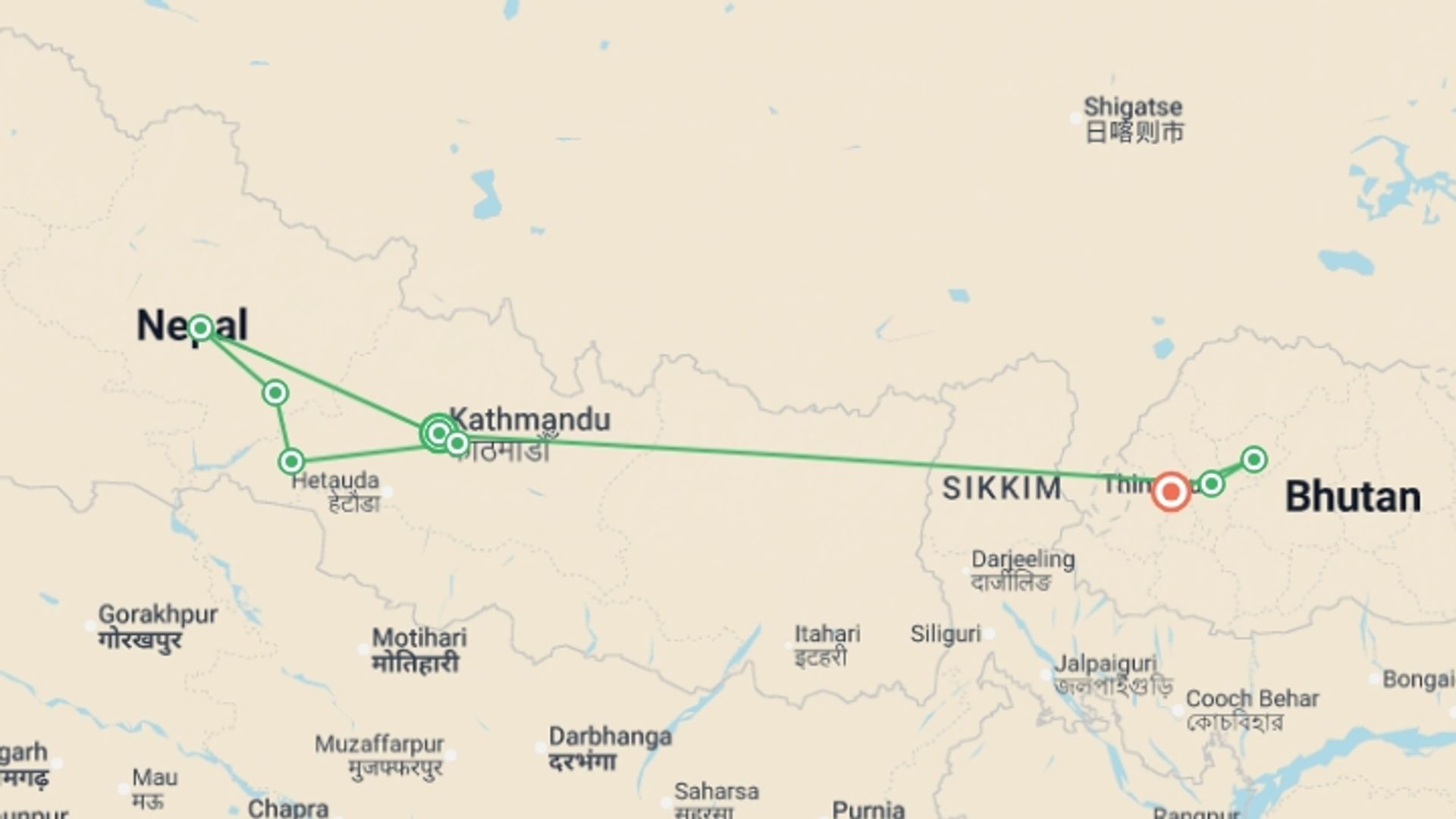 A map showing the tour itinerary for the trip: Nepal & Bhutan Journey, starting in Kathmandu, Nepal and ending in Paro, Bhutan going through 6 other destinations.