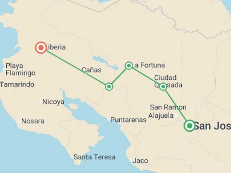 Map itinerary of South America Tour in February 2027 with 5 destination visits for the trip: Signature: Costa Rica's Monteverde, Arenal & Guanacaste