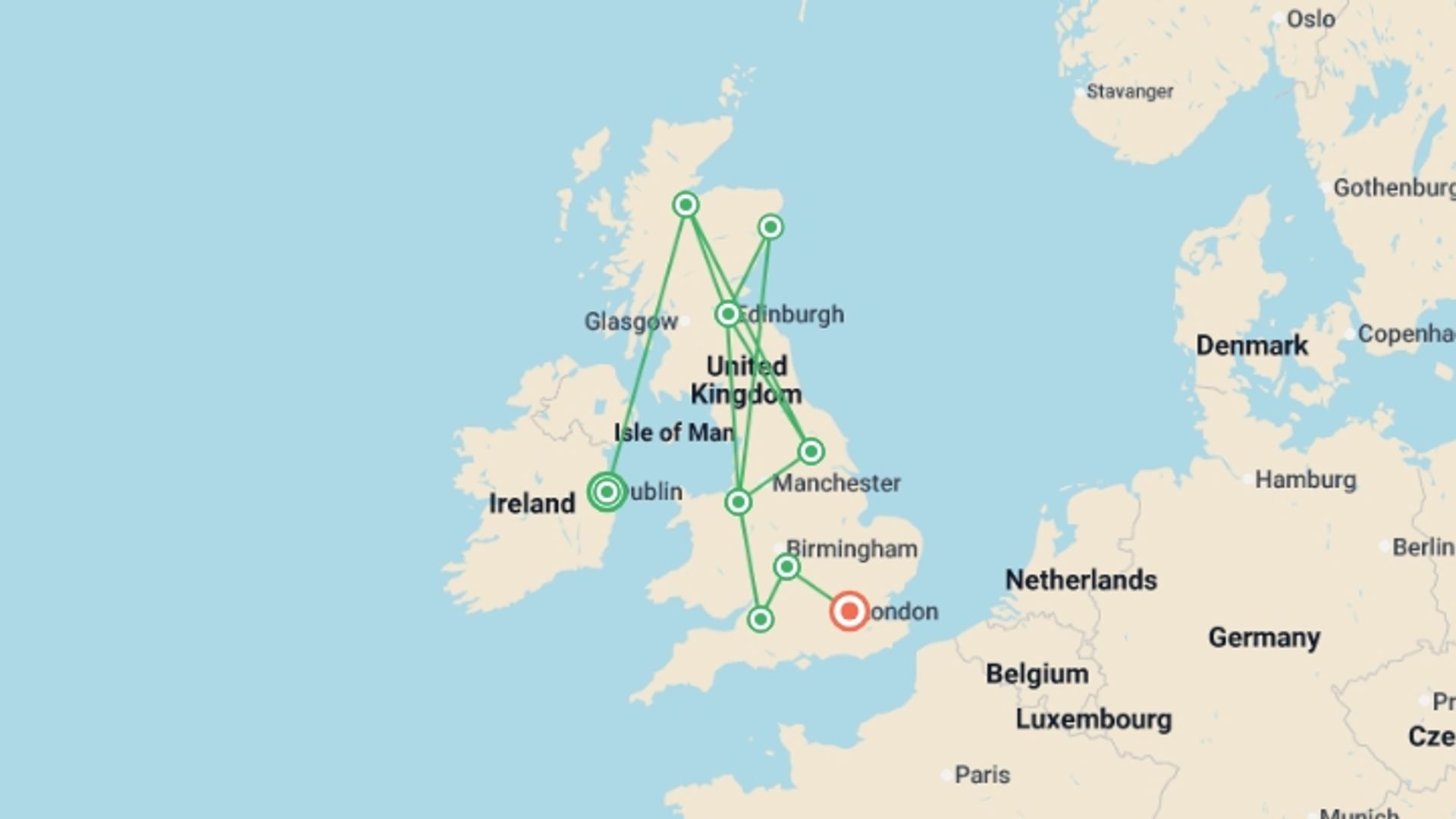 A map showing the tour itinerary for the trip: Majestic Britain and Ireland, starting in Dublin, Ireland and ending in London, England going through 7 other destinations.