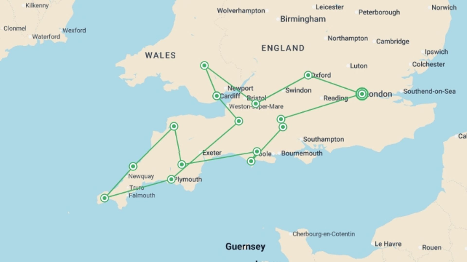 A map showing the tour itinerary for the trip: Country Roads of Wales, Devon & Cornwall, starting in London, England and ending in London, England going through 9 other destinations.