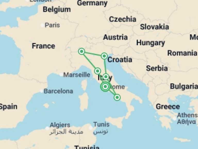 Map of Europe Tour with 6 destination visits for the trip: Best of Italy