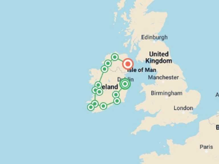 Map itinerary of Ireland Tour in August 2026 with 3 destination visits for the trip: Shades of Ireland 