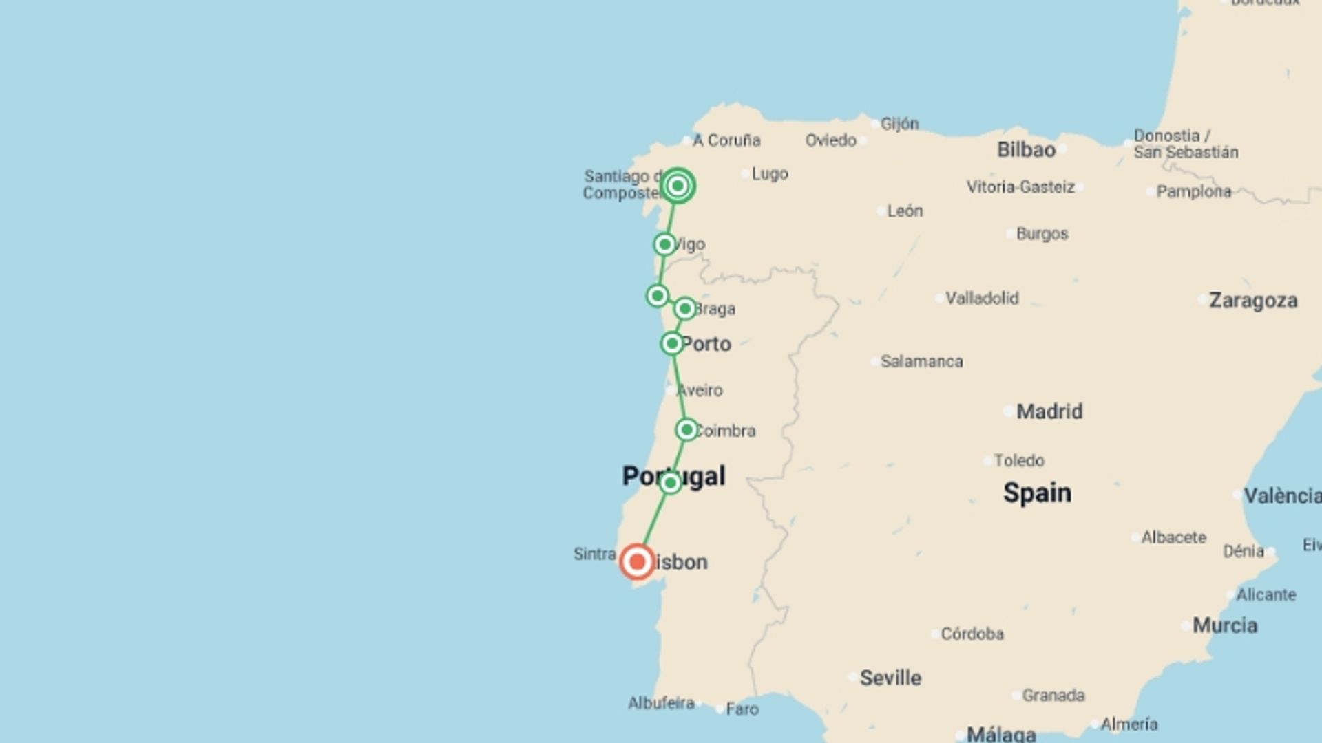 A map showing the tour itinerary for the trip: Santiago to Lisbon Discovery - 8 days, starting in Santiago De Compostela, Spain and ending in Lisbon, Portugal going through 3 other destinations.