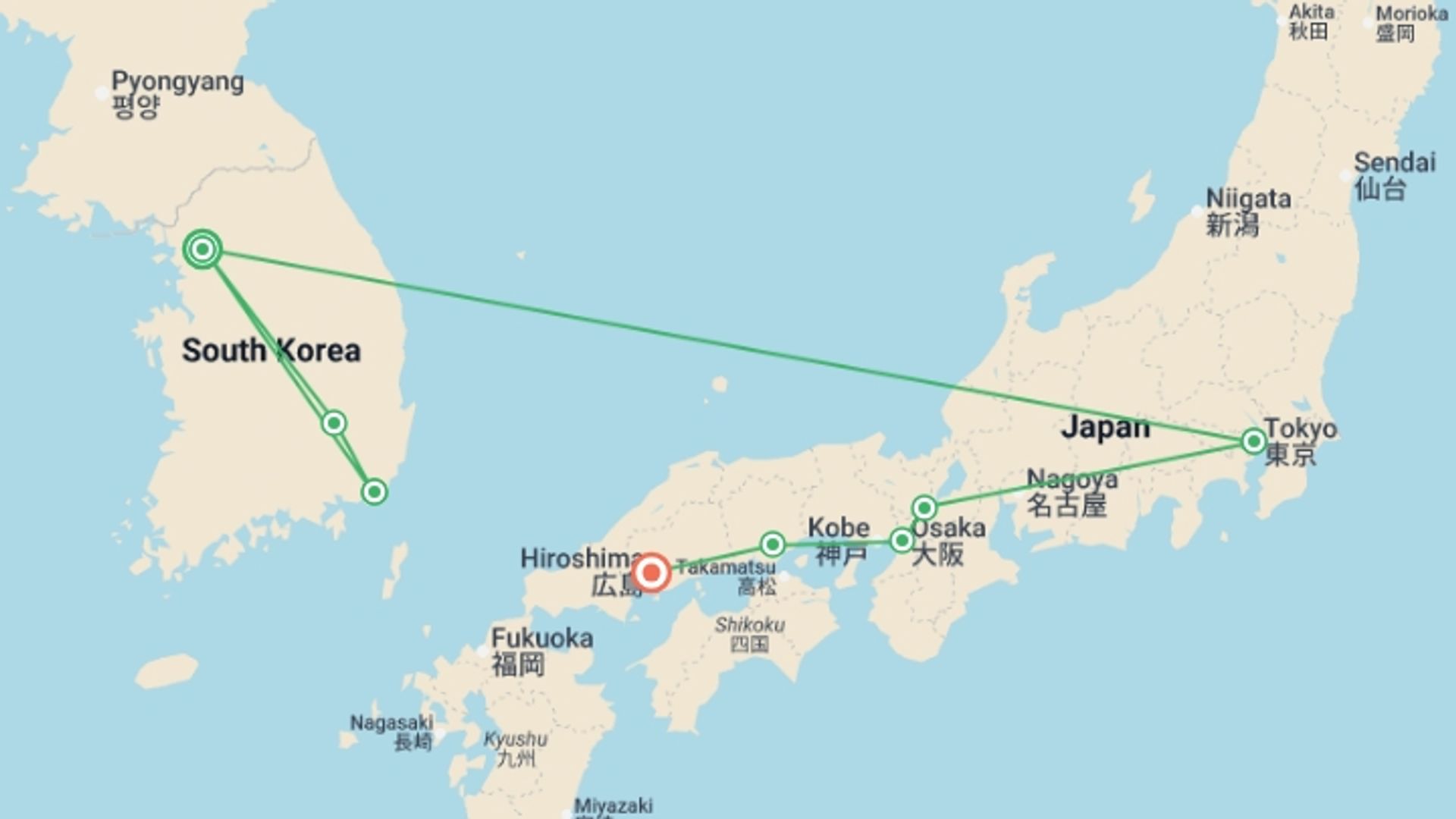 A map showing the tour itinerary for the trip: Wonders of Korea and Japan with Hiroshima, starting in Seoul, South Korea and ending in Hiroshima, Japan going through 6 other destinations.