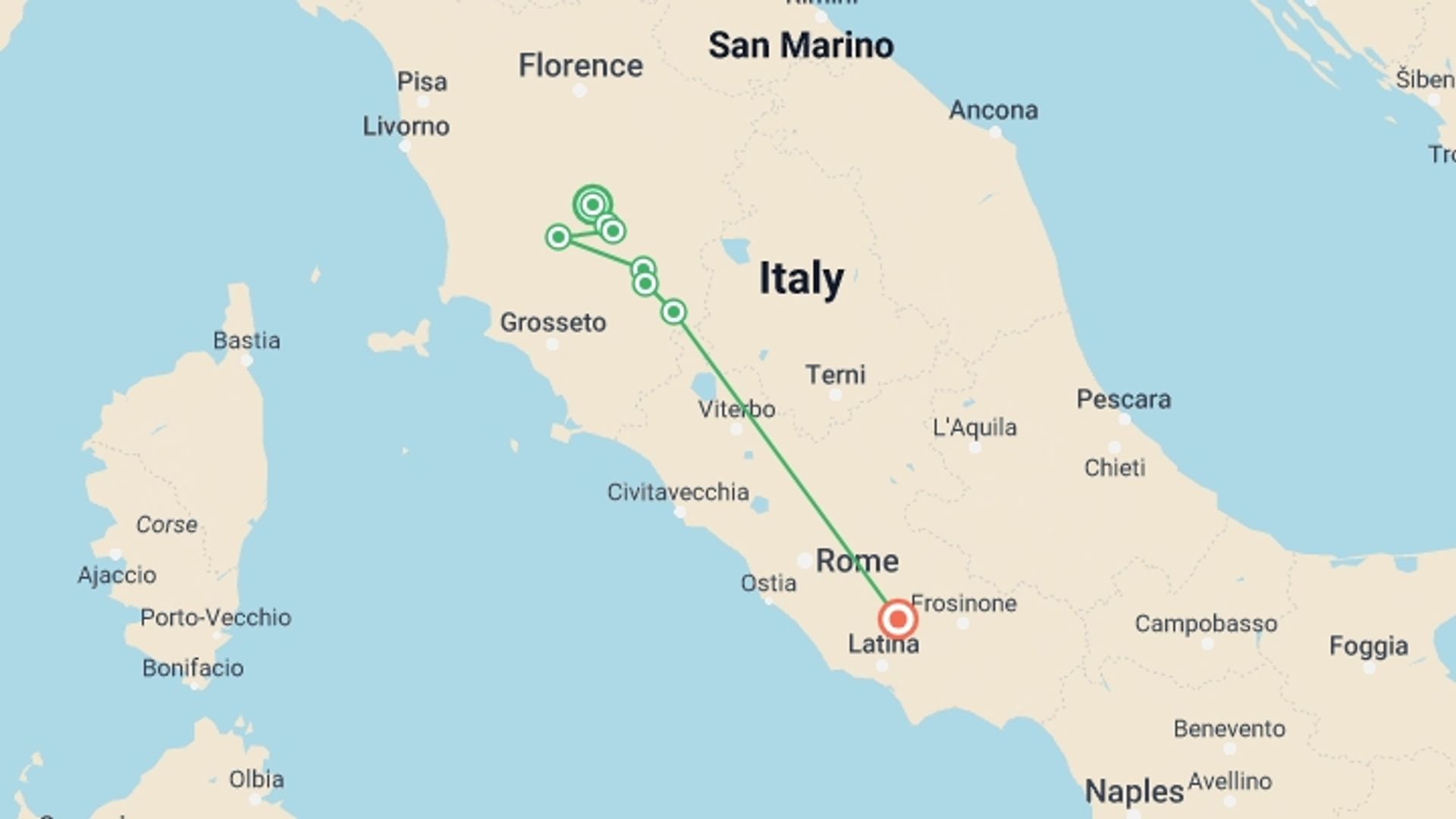 A map showing the tour itinerary for the trip: Via Francigena: Southern Tuscany from Siena, starting in Siena, Italy and ending in Lazio, Italy going through 6 other destinations.