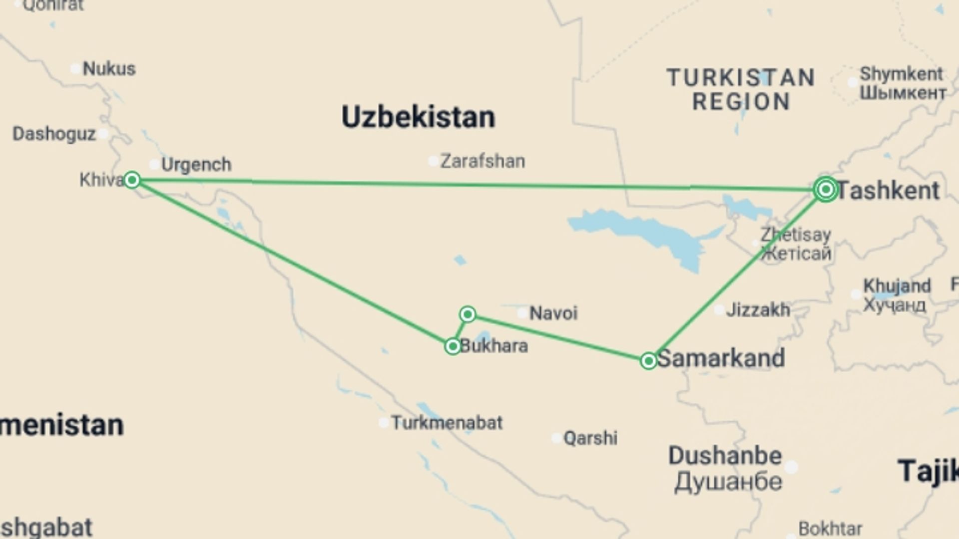 A map showing the tour itinerary for the trip: Premium Uzbekistan, starting in Tashkent, Uzbekistan and ending in Tashkent, Uzbekistan going through 3 other destinations.