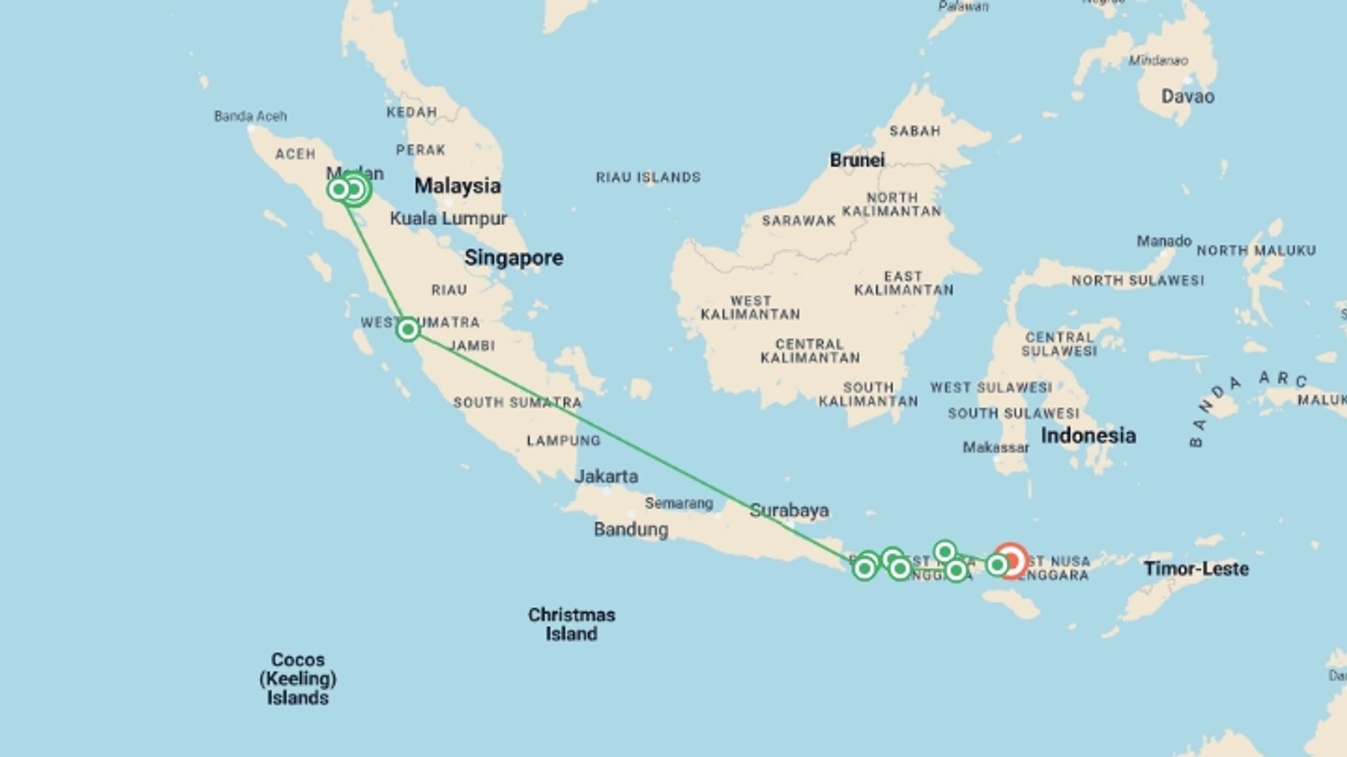 A map showing the tour itinerary for the trip: Total Indonesia, starting in Medan, Indonesia and ending in Labuan Bajo, Indonesia going through 9 other destinations.