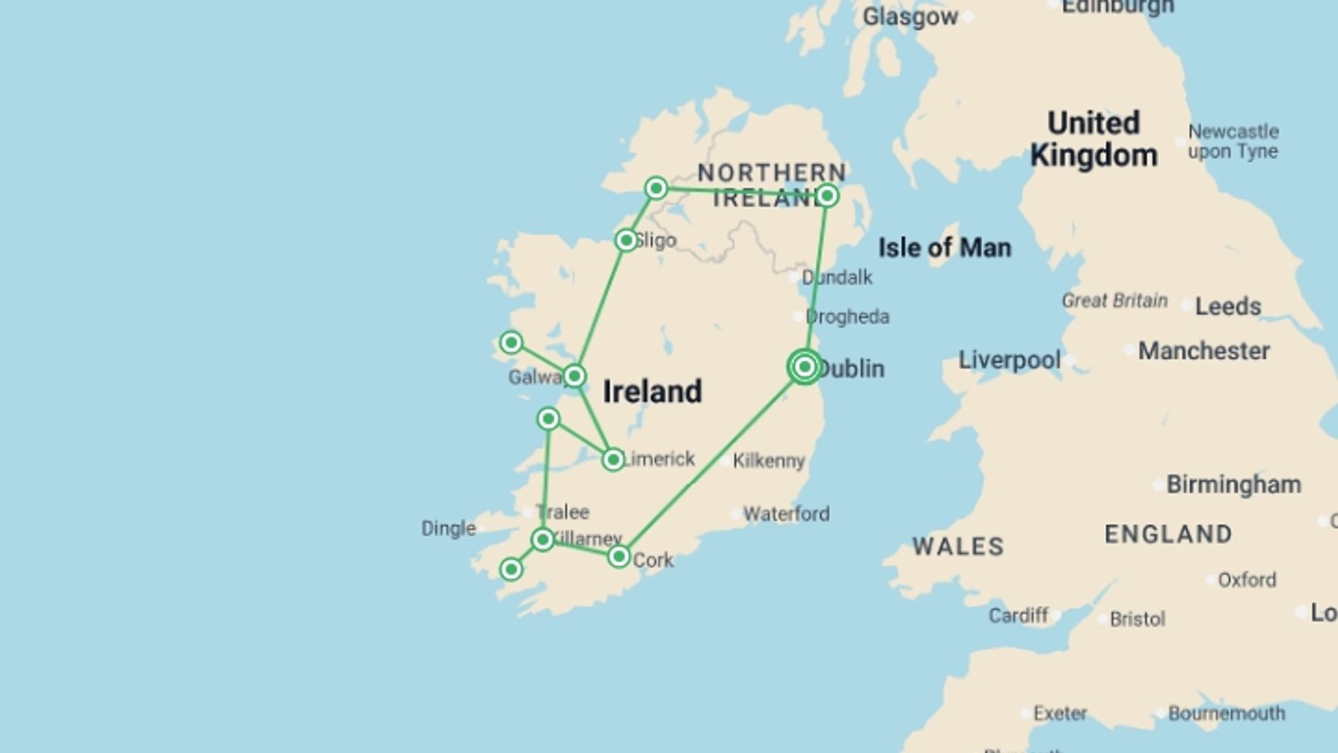 A map showing the tour itinerary for the trip: Explore Ireland, starting in Dublin, Ireland and ending in Dublin, Ireland going through 5 other destinations.