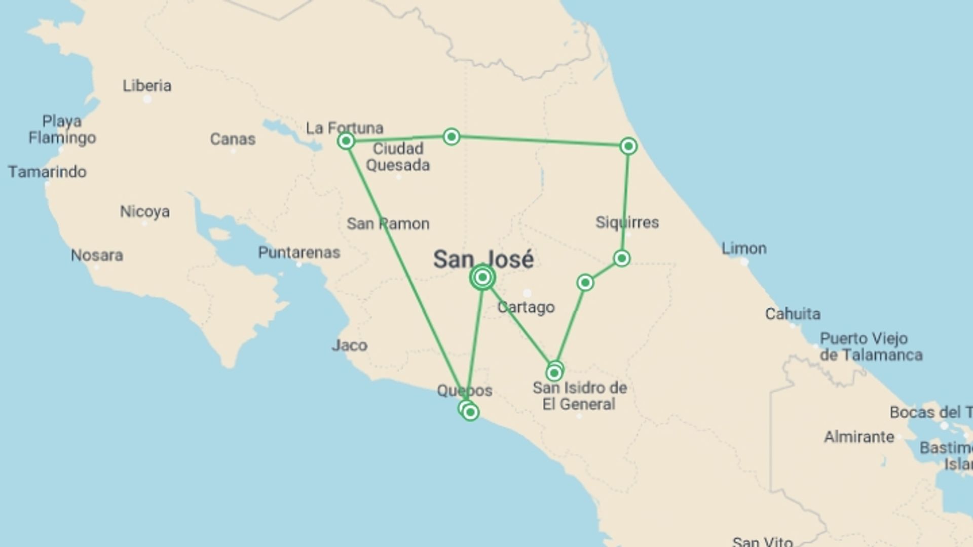 A map showing the tour itinerary for the trip: Costa Rica Wildlife Tour, starting in San Jose, Costa Rica and ending in San Jose, Costa Rica going through 9 other destinations.