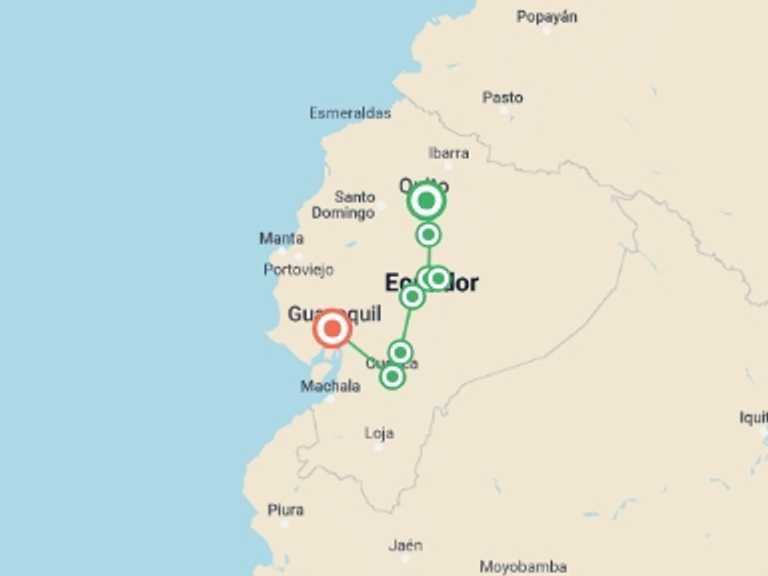 Map of Quito Cultural, religious and historic sites Tour with 6 destination visits for the trip: 5-Day Tour Cotopaxi, Quilotoa, Baños, Cuenca & Guayaquil