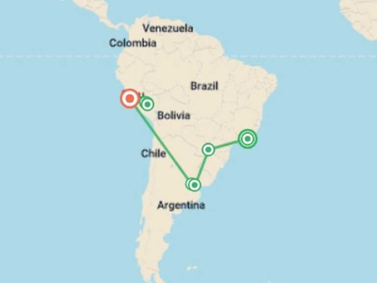 Map of South America Tour with 9 destination visits for the trip: South America Revealed