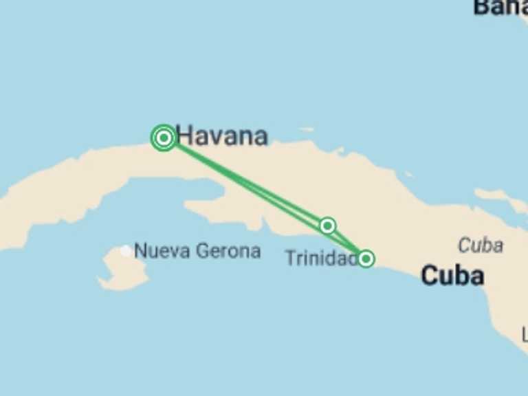 Map of Havana City sightseeing Tour with 3 destination visits for the trip: Cuba Express