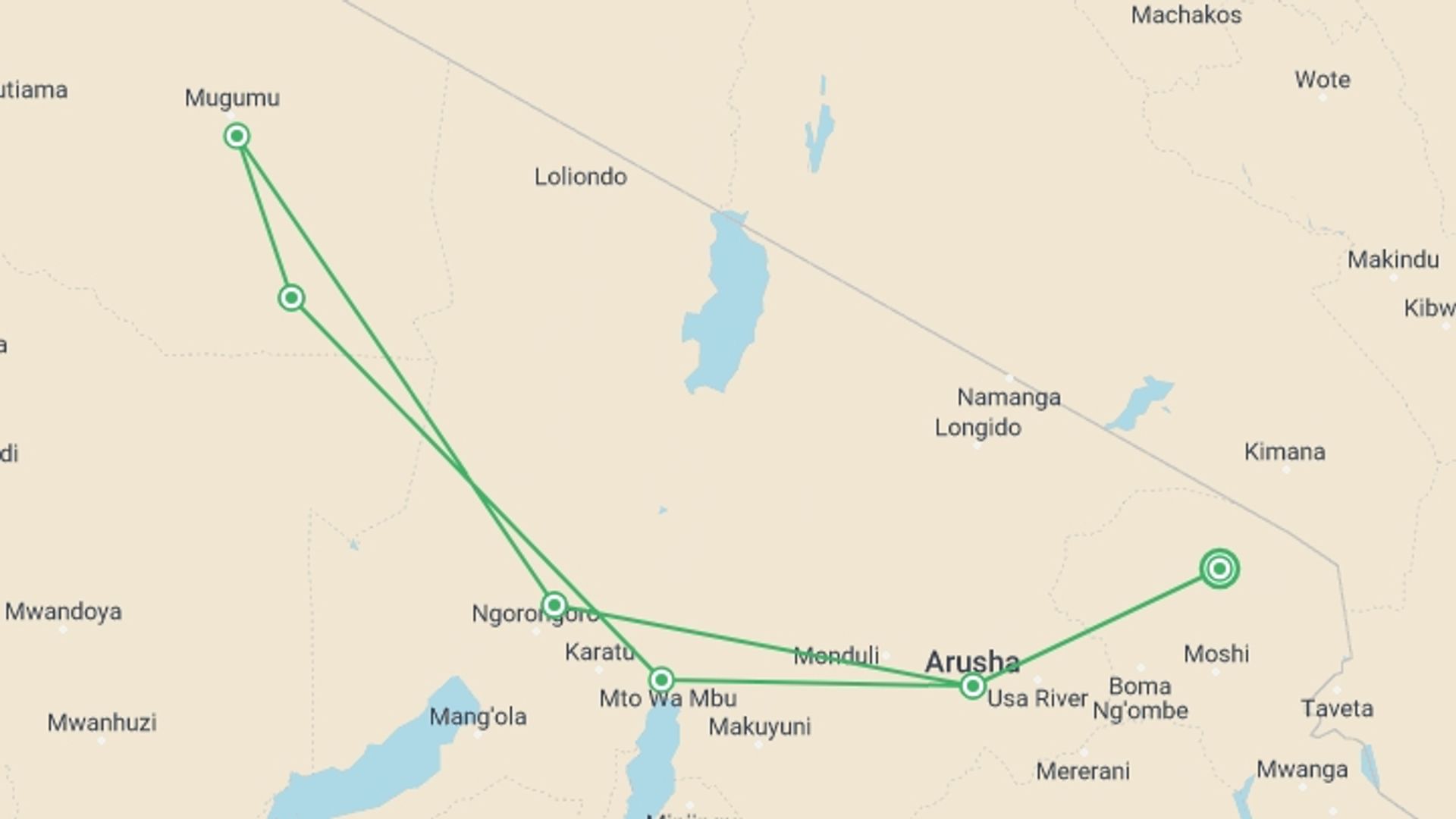 A map showing the tour itinerary for the trip: Simba Safari, Serena Lodges - Private Tour, starting in Kilimanjaro, Tanzania and ending in Kilimanjaro, Tanzania going through 5 other destinations.