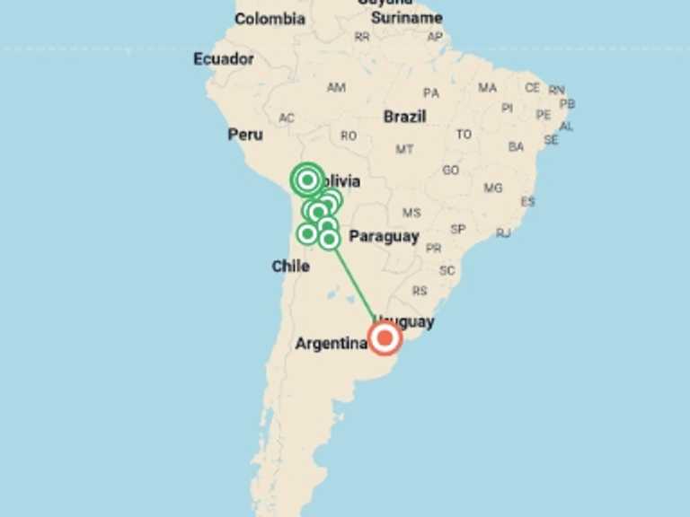 Map of Argentina and Chile Tour with 8 destination visits for the trip: Best of Bolivia & Argentina