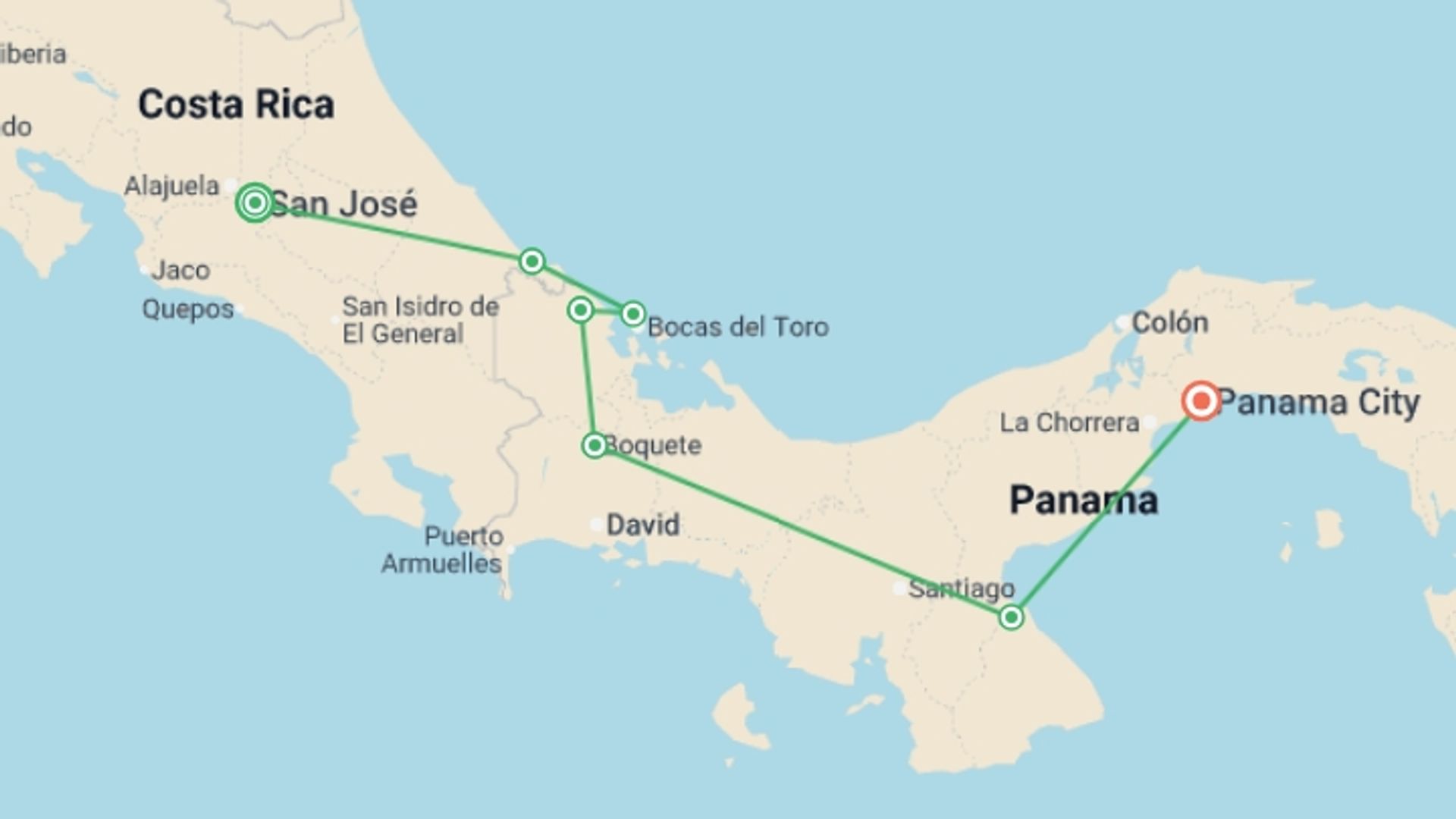 A map showing the tour itinerary for the trip: Costa Rica & Panama Discovery, starting in San Jose, Costa Rica and ending in Panama City, Panama going through 5 other destinations.