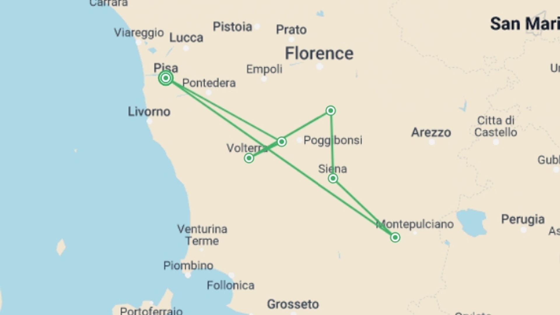 A map showing the tour itinerary for the trip: A Taste of Tuscany - Hilltop Towns and Vineyards, starting in Pisa, Italy and ending in Pisa, Italy going through 5 other destinations.