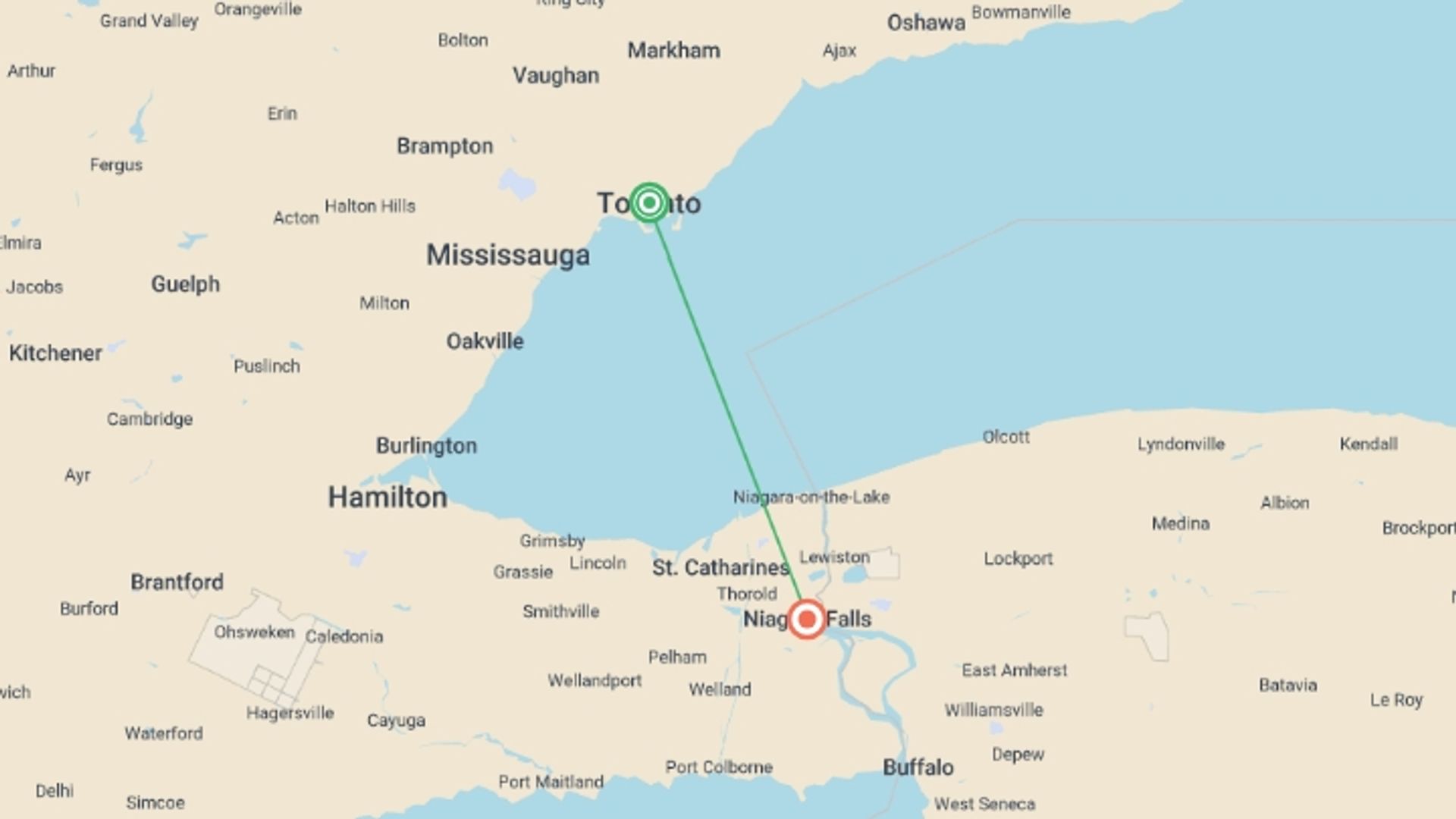 A map showing the tour itinerary for the trip: Toronto and Niagara, starting in Toronto, Canada and ending in Niagara Falls, canada going through 0 other destinations.