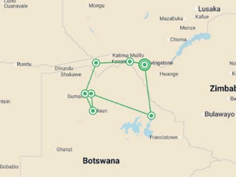 Map of Africa Tour with 7 destination visits for the trip: Best of Botswana & Victoria Falls - 12 days