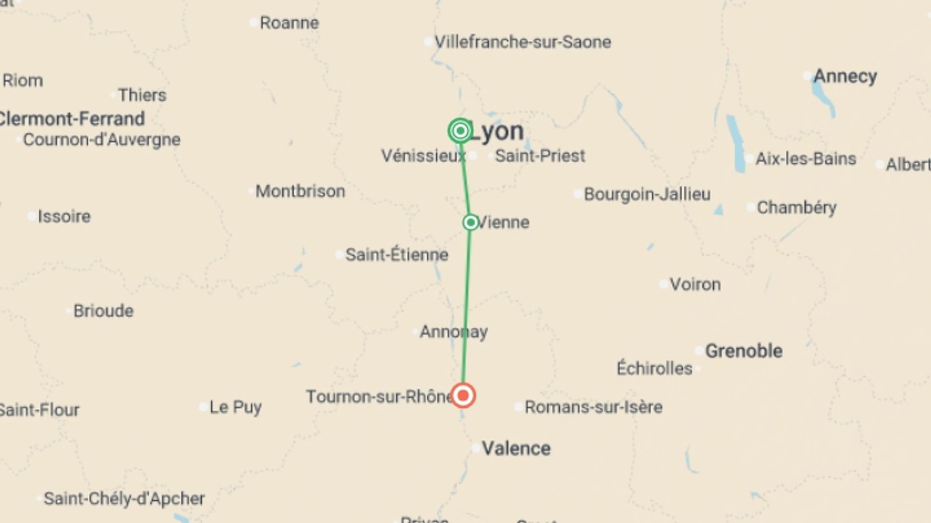 A map showing the tour itinerary for the trip: Rhône River Cruise: Between Terroir, History and Local Traditions. (Port to port), starting in Lyon, France and ending in Tain-l'Hermitage, France going through 1 other destinations.