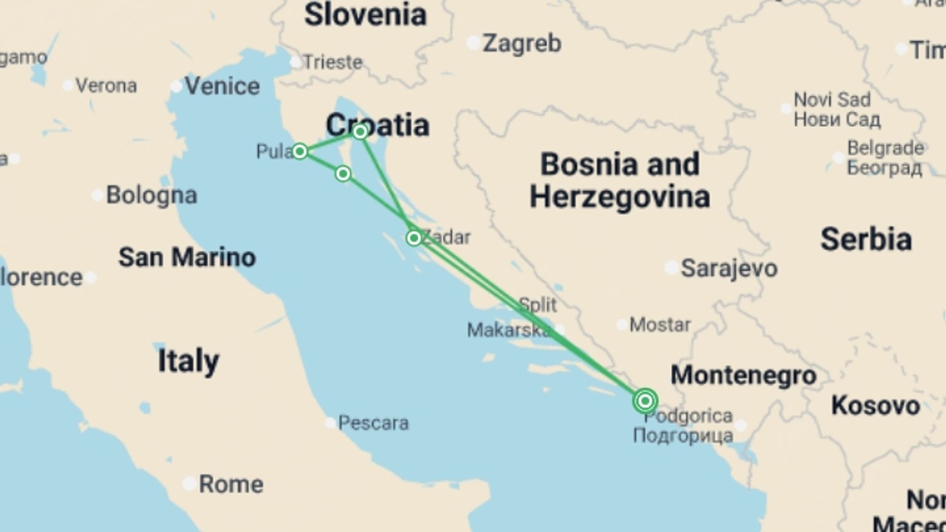 A map showing the tour itinerary for the trip: Family Club - The Splendors of the Northern Adriatic Sea - Historic and Naturally Beautiful Ports of Call in Croatia and Montenegro (port-to-port cruise), starting in Dubrovnik, Croatia and ending in Dubrovnik, Croatia going through 4 other destinations.