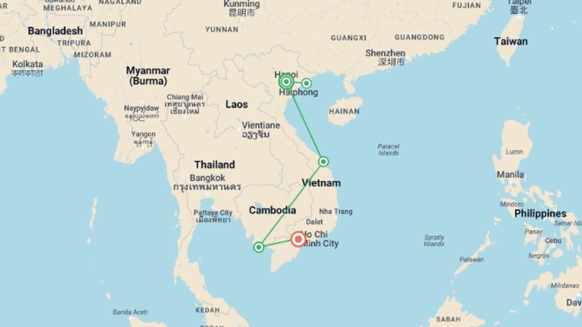A map showing the tour itinerary for the trip: Vietnam Beach Vacation 12 Days - Halong Bay/Phu Quoc, starting in Hanoi, Vietnam and ending in Ho Chi Minh City, Vietnam going through 5 other destinations.