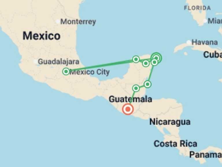 Map of 11-Day North America Tour with 7 destination visits for the trip: Mexico, Belize and Guatemala Experience