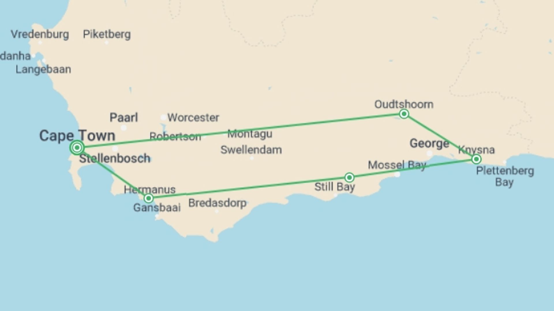 A map showing the tour itinerary for the trip: Garden Route, Safari & Winelands Wonder, starting in Cape Town, South Africa and ending in Cape Town, South Africa going through 5 other destinations.