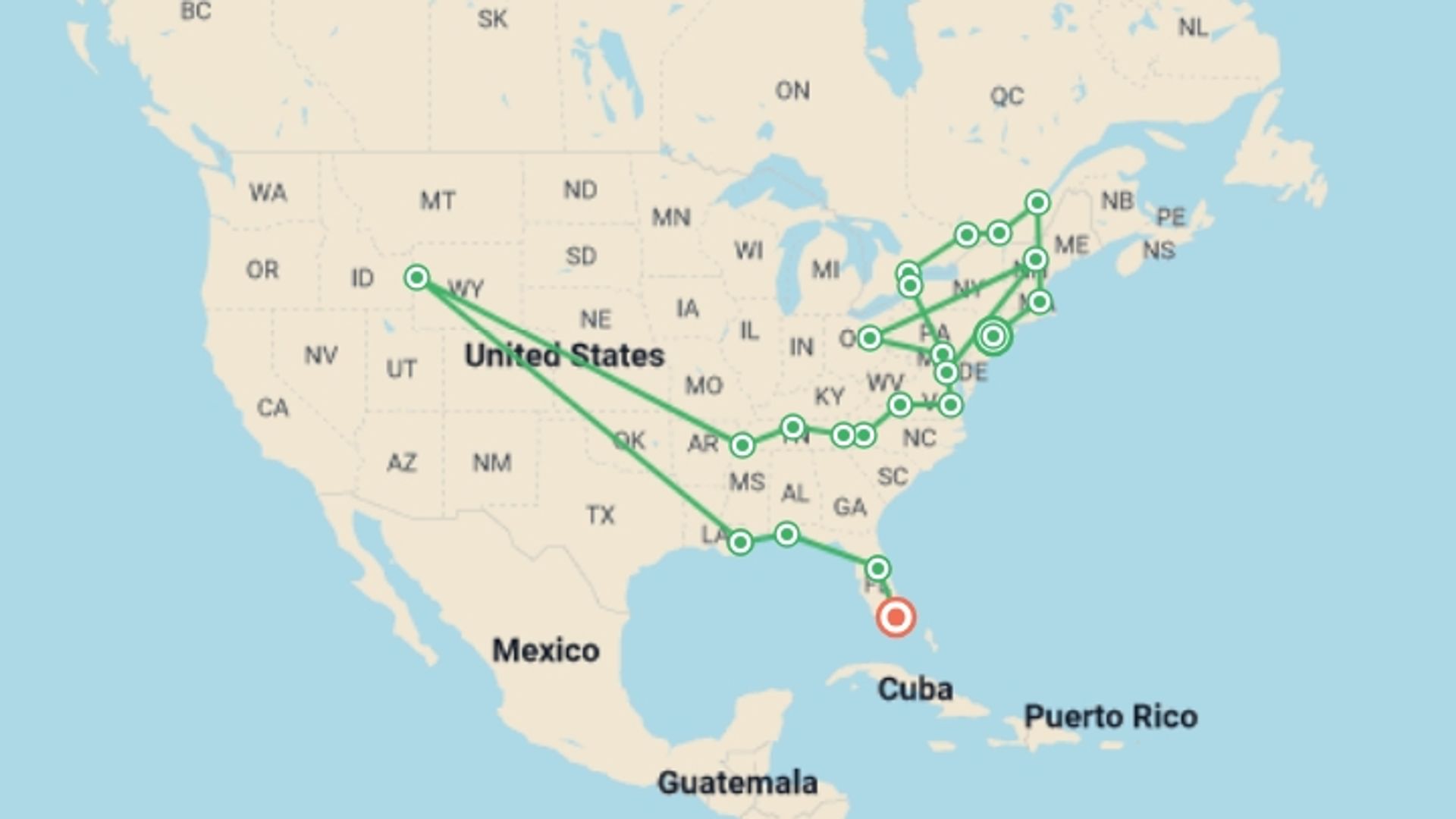 A map showing the tour itinerary for the trip: The Grand East, starting in New York, USA and ending in Miami, USA going through 15 other destinations.
