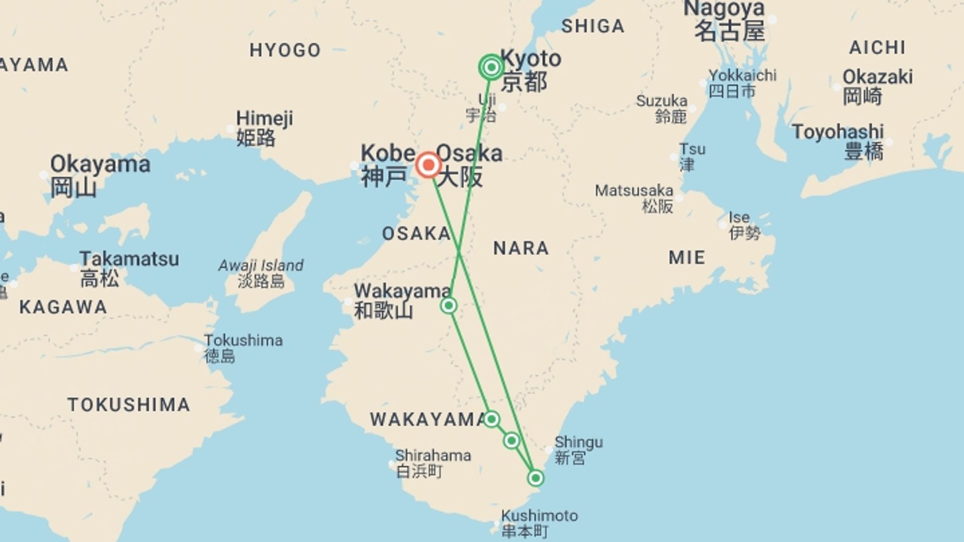 A map showing the tour itinerary for the trip: Japan: Koya-san & Kumano Kodo Trek, starting in Kyoto, Japan and ending in Osaka, Japan going through 5 other destinations.