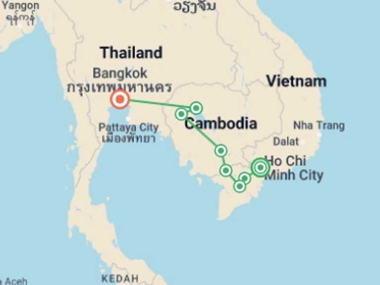 Map of 9-Day Ho Chi Minh City Tour with 7 destination visits for the trip: Fantastic Cambodia & Thailand (4 Star Hotels)