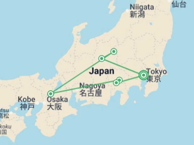 Map itinerary of Japan Tour in Spring with 3 destination visits for the trip: Central Japan Express