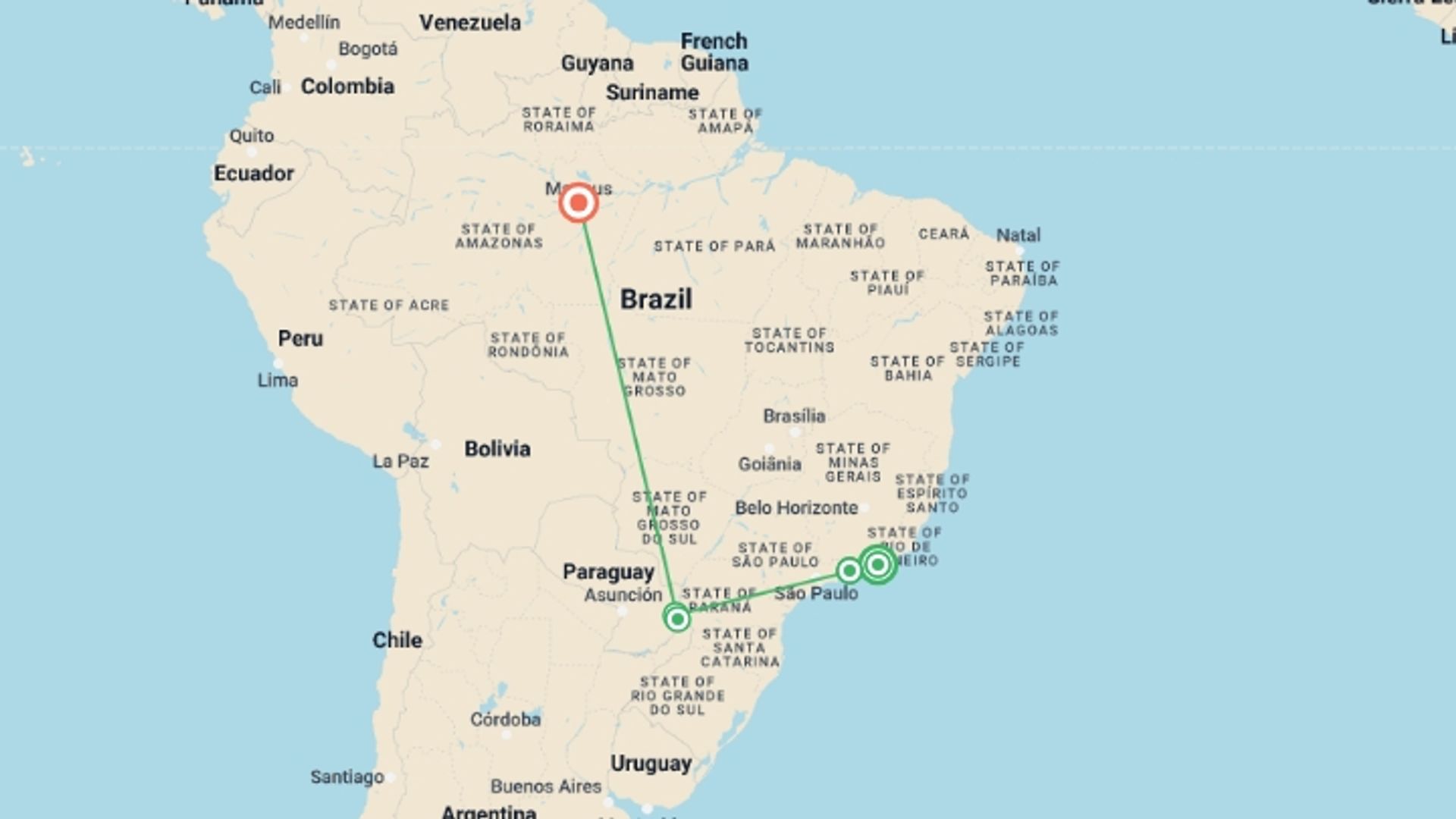 A map showing the tour itinerary for the trip: Discover Brazil, starting in Rio de Janeiro, Brazil and ending in Manaus, Brazil going through 3 other destinations.