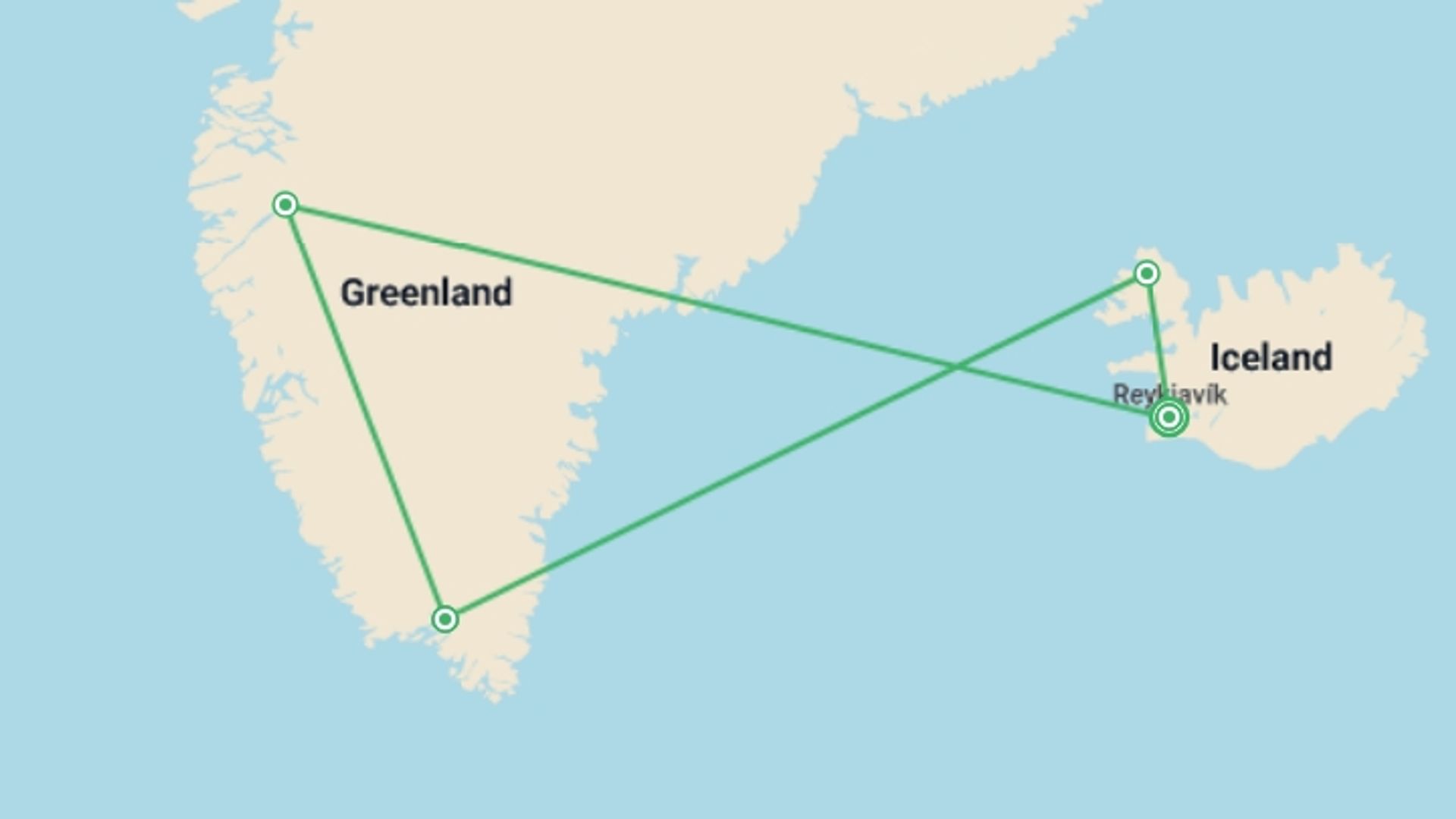 A map showing the tour itinerary for the trip: Iceland to Greenland: Mountains, Glaciers and Westfjords (Ocean Explorer), starting in Reykjavik, Iceland and ending in Reykjavik, Iceland going through 2 other destinations.