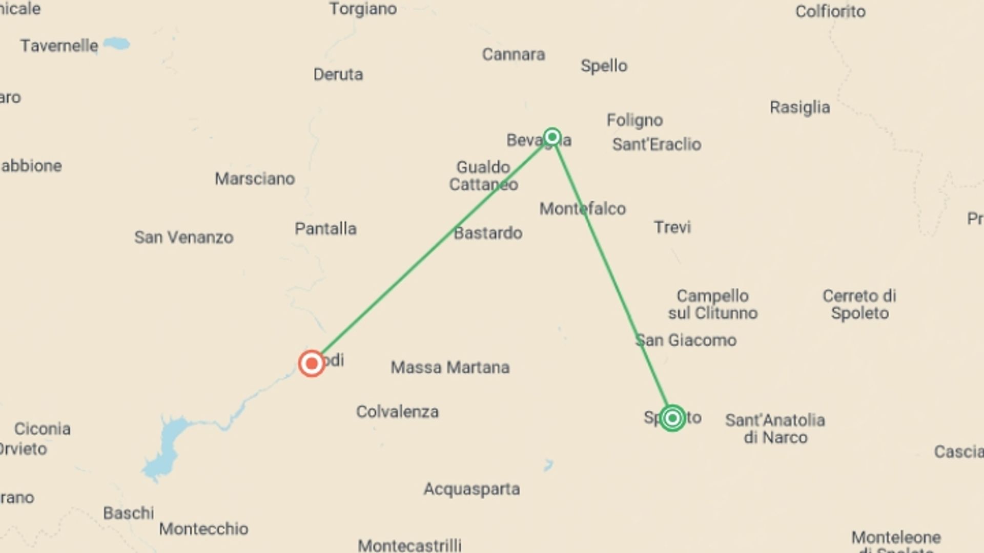 A map showing the tour itinerary for the trip: Hilltowns Of Umbria, Self-drive, starting in Spoleto, Italy and ending in Todi, Italy going through 1 other destinations.