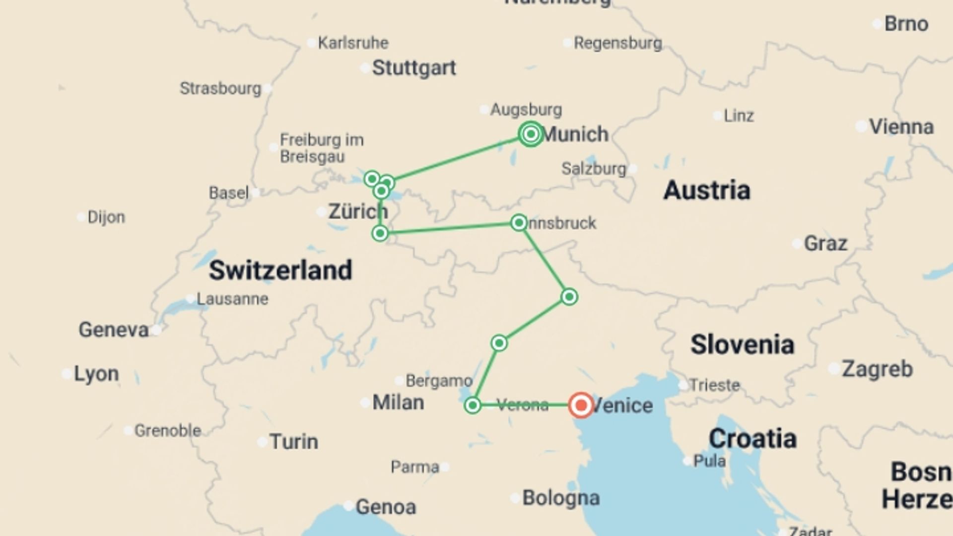 A map showing the tour itinerary for the trip: Alpine Escape: Germany, Austria and Italy, starting in Munich, Germany and ending in Venice, Italy going through 4 other destinations.