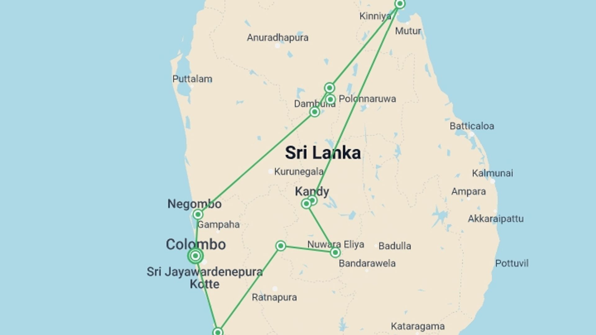 A map showing the tour itinerary for the trip: Romantic Escape, Private Tour, starting in Colombo, Sri Lanka and ending in Colombo, Sri Lanka going through 6 other destinations.