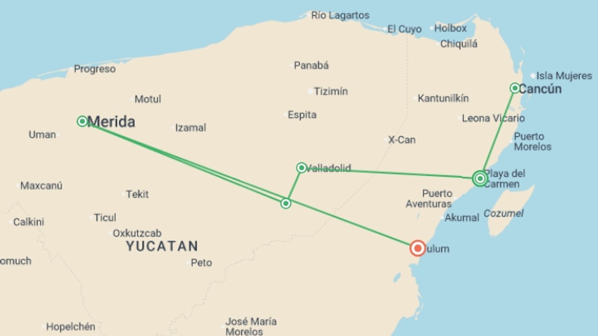 A map showing the tour itinerary for the trip: Premium Mexico Yucatan Highlights, starting in Playa Del Carmen, Mexico and ending in Tulum, Mexico going through 5 other destinations.