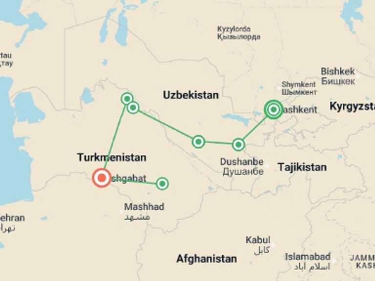 Map itinerary of Bukhara Tour in September 2026 with 7 destination visits for the trip: Uzbekistan and Turkmenistan Explorer