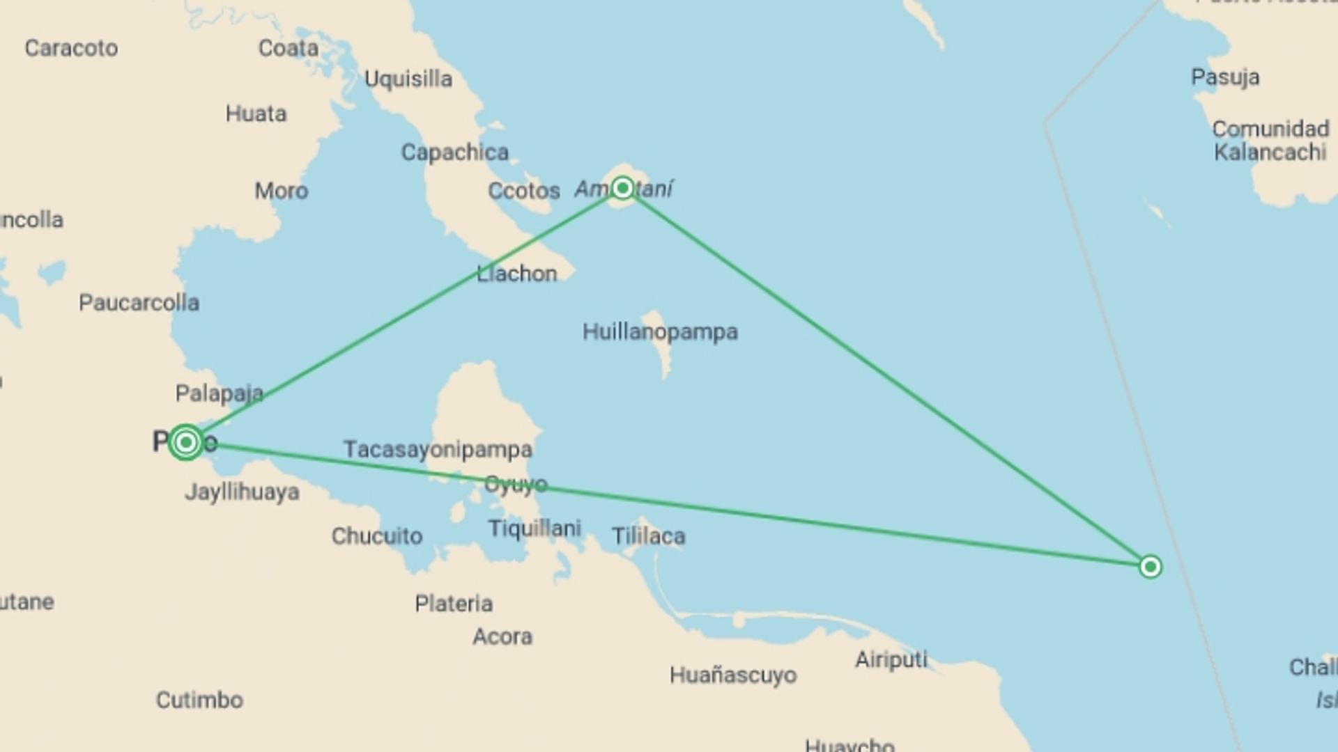 A map showing the tour itinerary for the trip: Amantani Homestay & Kayak Experience 2D/1N, starting in Puno, Peru and ending in Puno, Peru going through 2 other destinations.