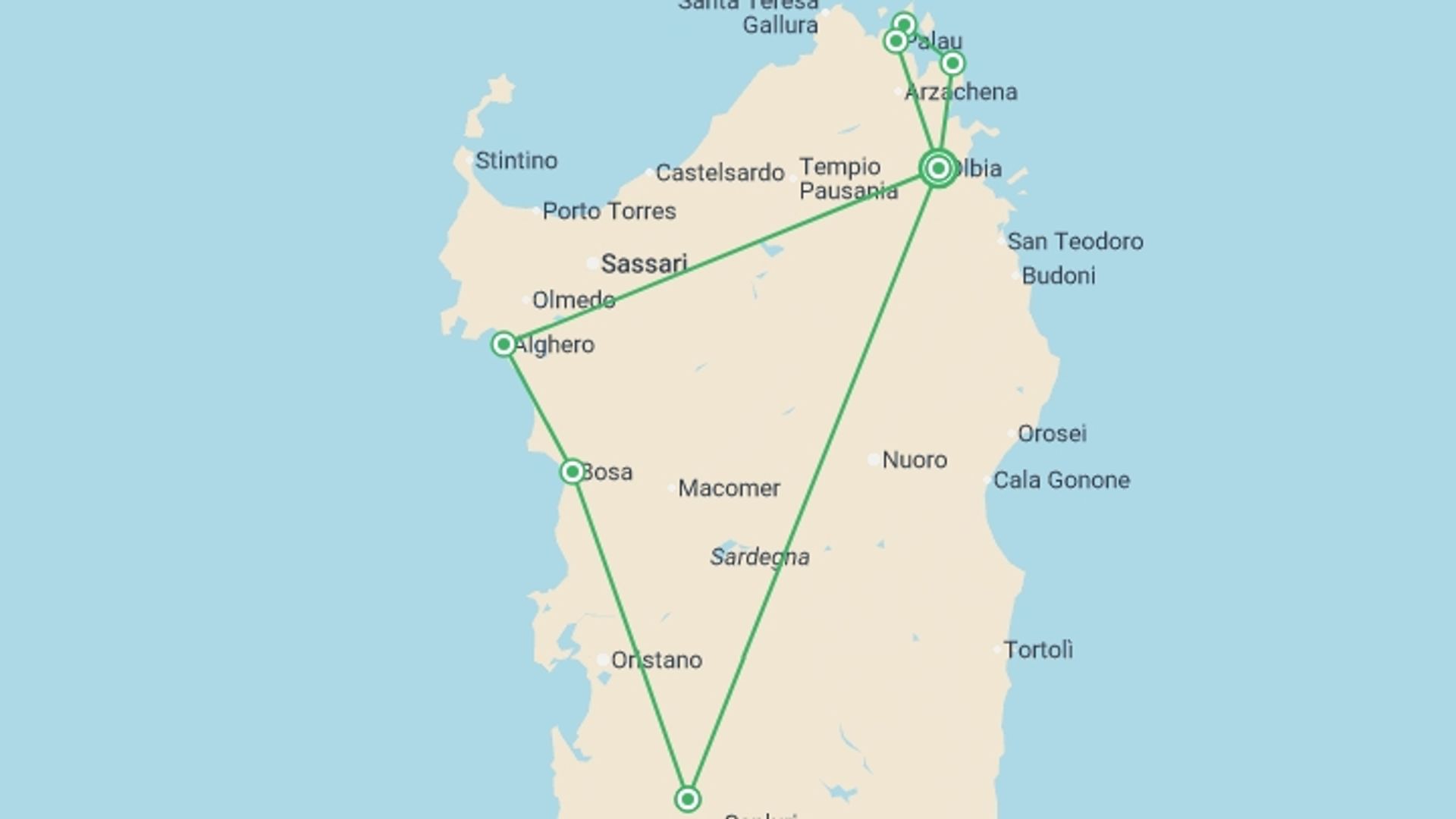 A map showing the tour itinerary for the trip: North to South Sardinia Express, starting in Olbia, Italy and ending in Olbia, Italy going through 3 other destinations.