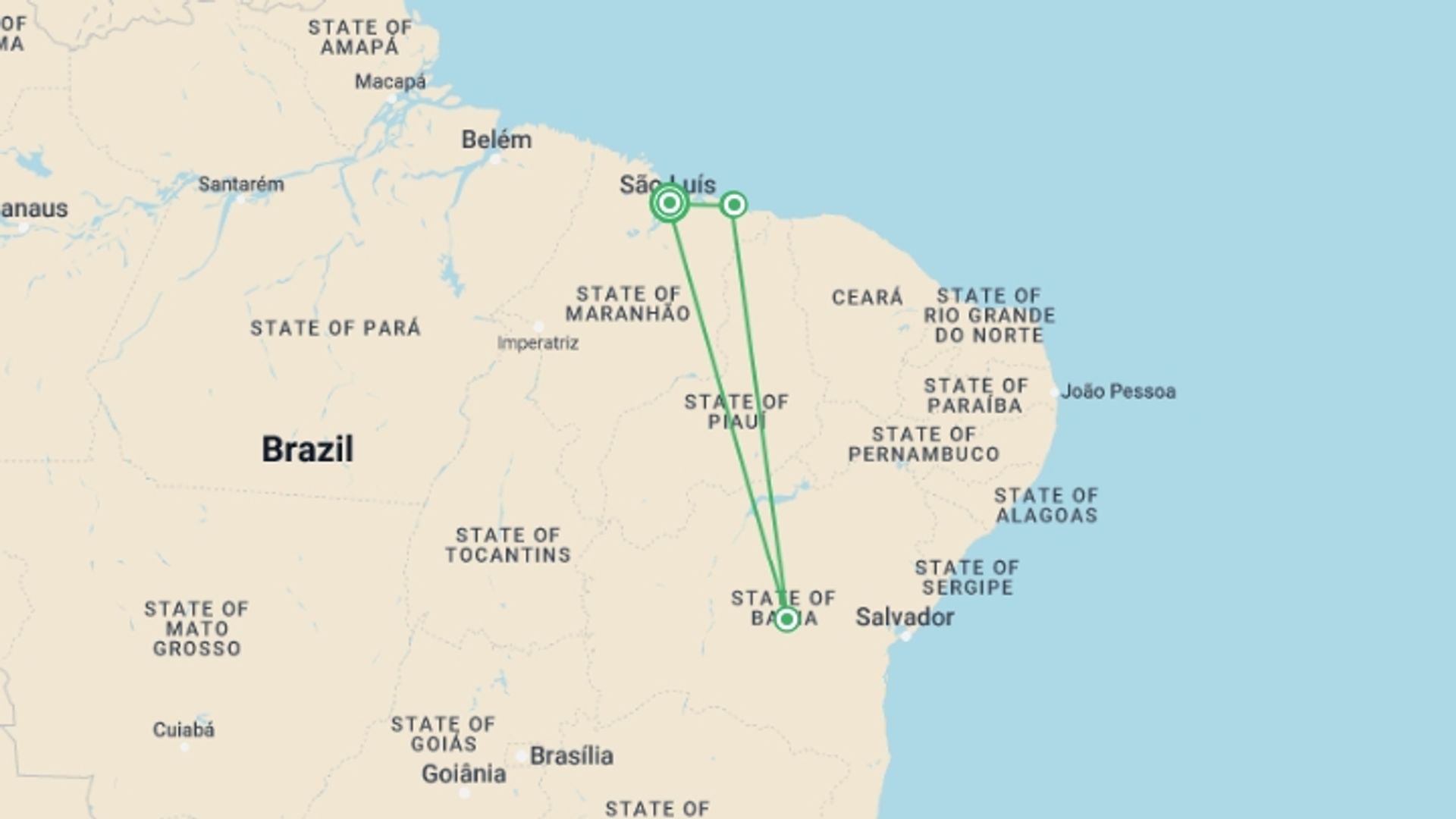 A map showing the tour itinerary for the trip: Lençóis Maranhenses Experience, starting in São Luís, Brazil and ending in São Luís, Brazil going through 3 other destinations.