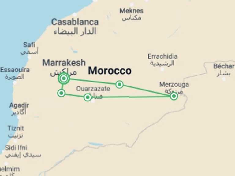 Map itinerary of Marrakech Tour in Summer with 5 destination visits for the trip: Southern Morocco: Marrakech, the Atlas Mountain & the Sahara