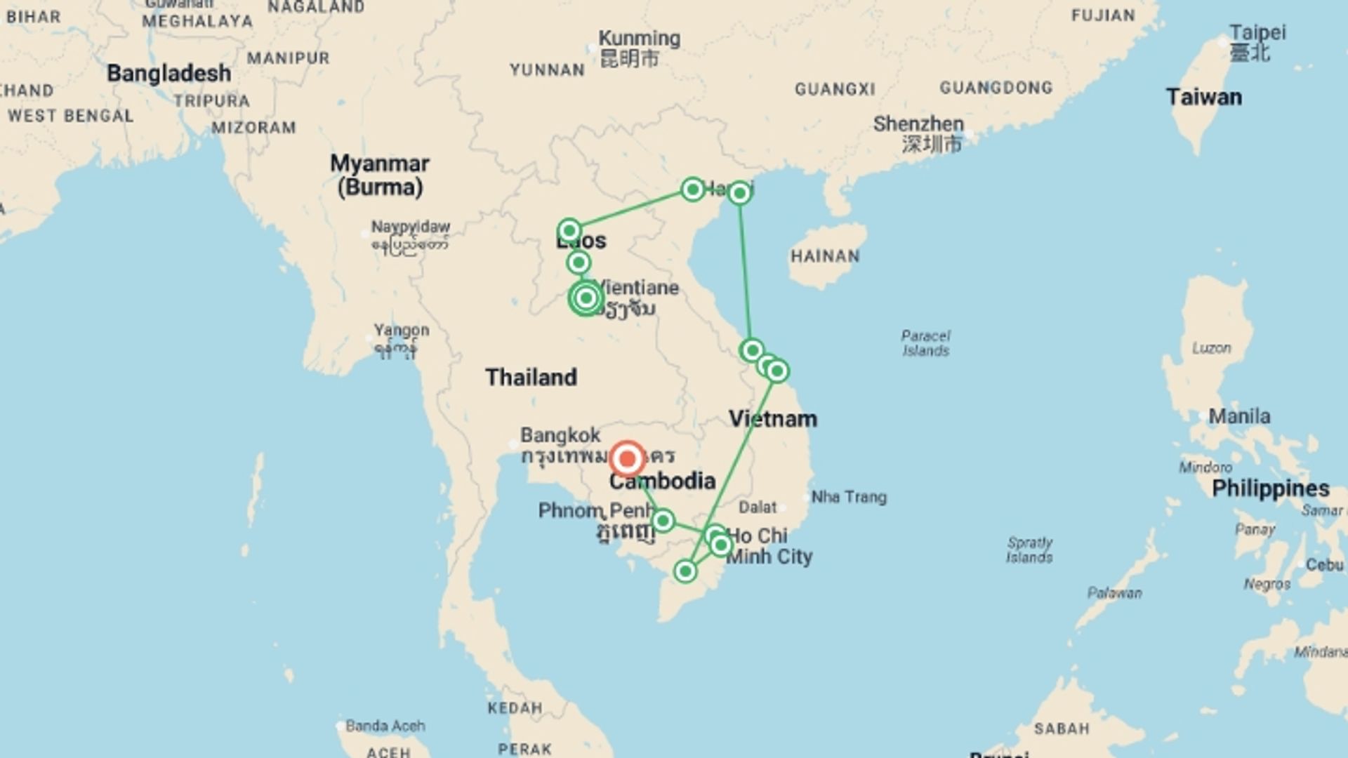A map showing the tour itinerary for the trip: Jewels of Indochina, starting in Vientiane, Laos and ending in Siem Reap, Cambodia going through 0 other destinations.