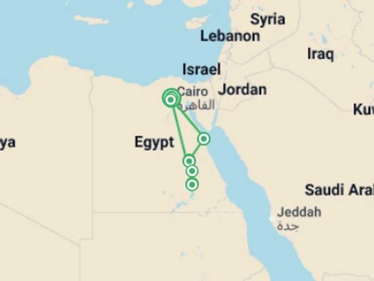 Map of Egypt Tour with 5 destination visits for the trip: Nubians & Beaches
