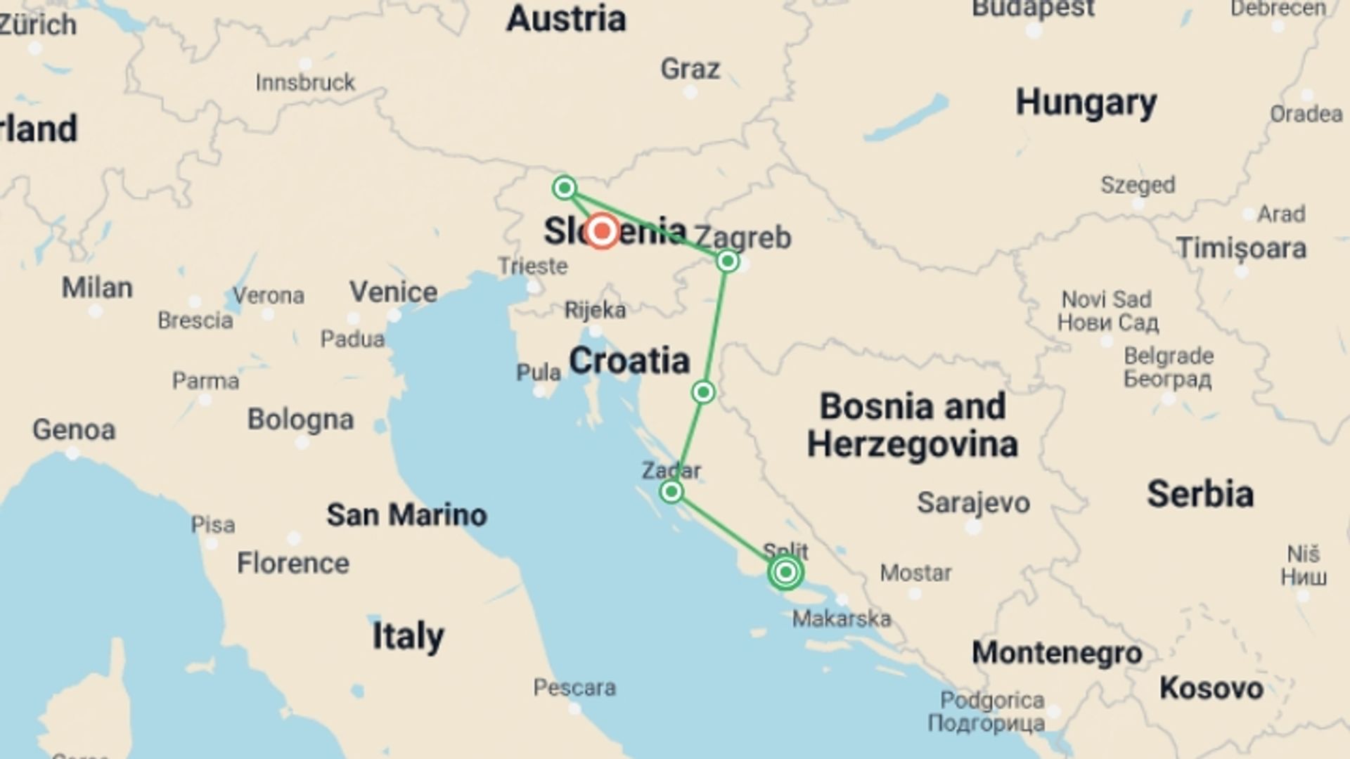 A map showing the tour itinerary for the trip: Croatia & Slovenia, starting in Split, Croatia and ending in Ljubljana, Slovenia going through 4 other destinations.