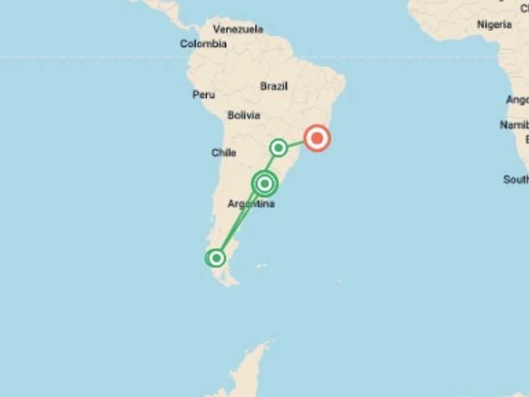 Map of South America Tour with 7 destination visits for the trip: 14-Day Journey through Argentina and Brazil