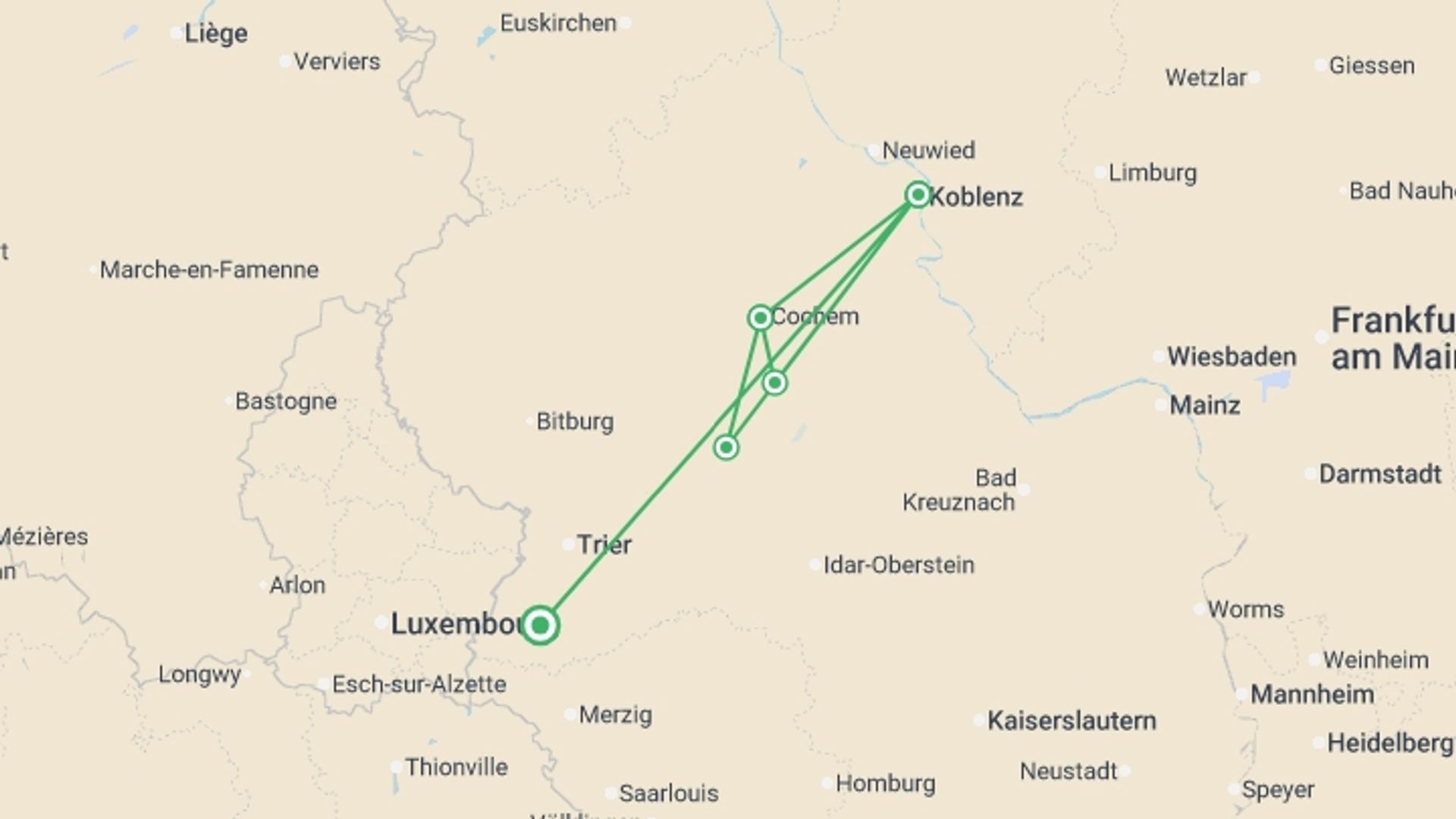 A map showing the tour itinerary for the trip: Moselle Bike & Barge, starting in Saarburg, Germany and ending in Saarburg, Germany going through 4 other destinations.